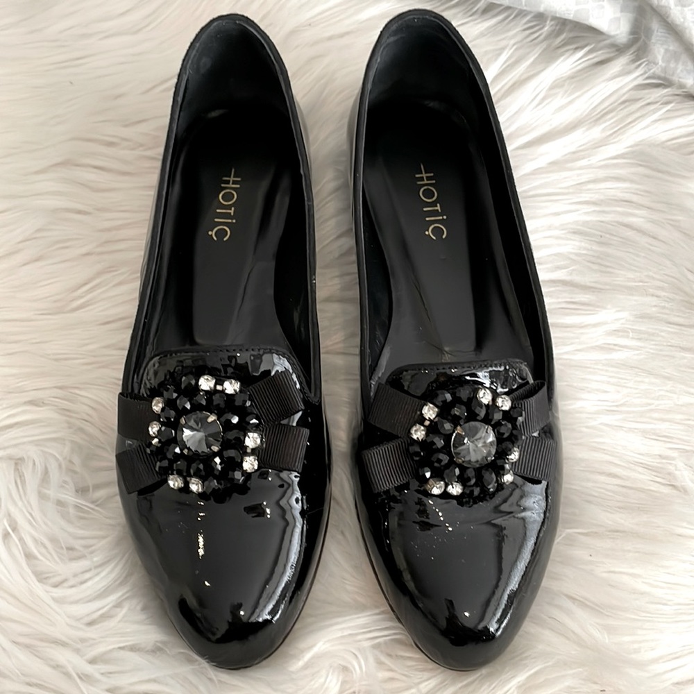 PATENT LEATHER BALLET FLAT SHOE SMOKING embellished RHINESTONE BOW BUCKLE 38.5